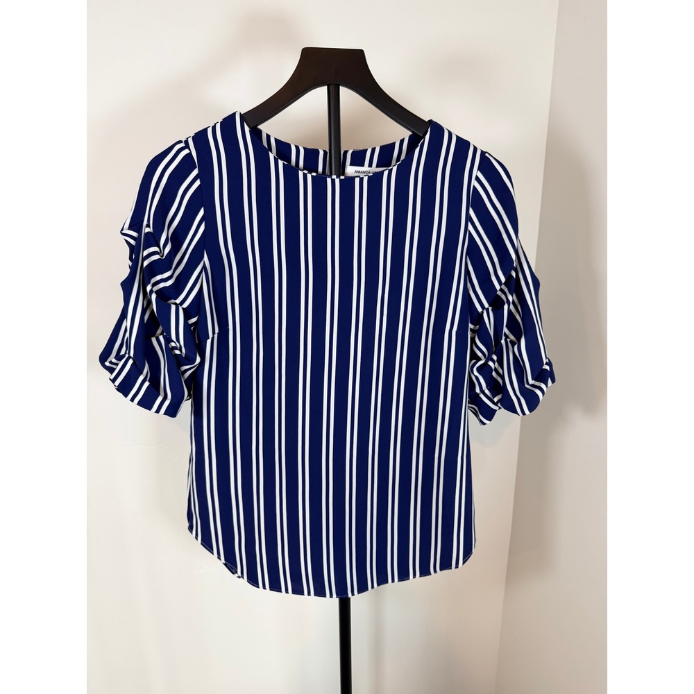 Amanda Uprichard Navy Blue White Striped Ruffle Sleeve Blouse Size P Petite